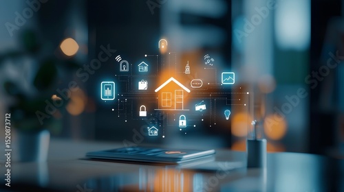 Innovative smart home technology showcase modern workspace digital graphics contemporary environment aerial view future living concepts