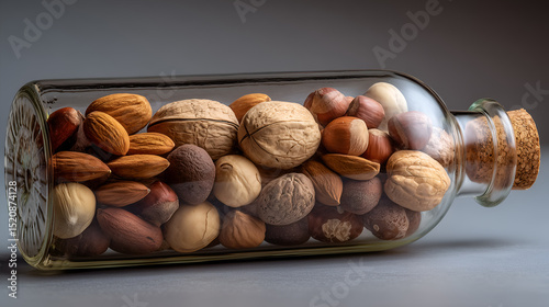 A diverse mix of nuts elegantly contained in a clear glass bottle, artfully arranged