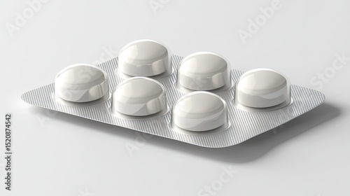 A close up of a blister pack containing six round white pills on a white surface in soft lighting