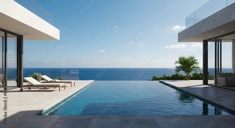 Fototapeta premium Modern oceanfront villa exterior with infinity pool and sun loungers. Empty patio area with stunning coastal views.