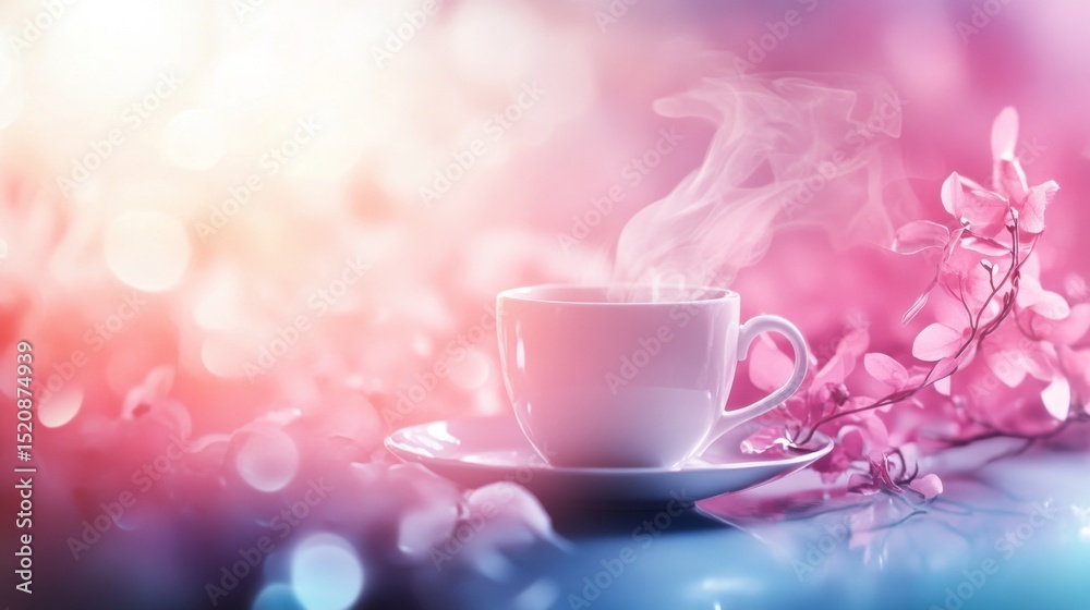 Fototapeta premium Pastel pink tea cup with steam and bokeh lights in dreamy romantic floral beverage scene setup composition