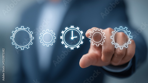 A person's finger pointing towards a clock surrounded by gears, symbolizing the concept of time management and efficiency