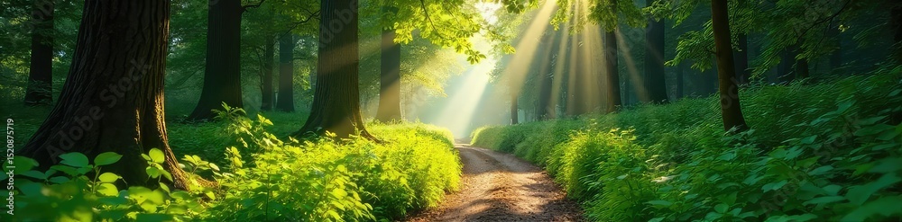 Fototapeta premium Sun-dappled forest path winding through lush greenery, dappled sunlight filtering through leaves, vibrant summer foliage Perfect for travel, nature, and environmental themes , flora, summer, tranquil