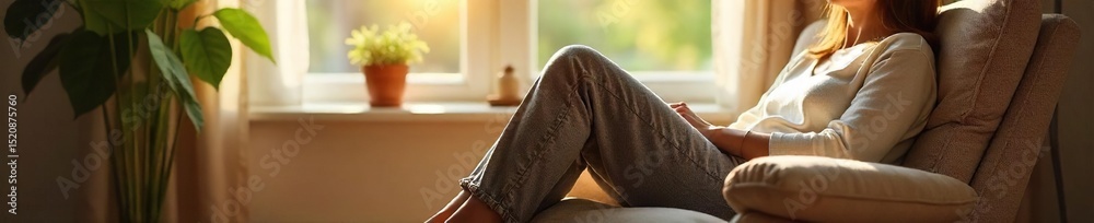 A cozy scene of comfortable pants worn indoors, relaxing on a soft armchair by a window, sunlight streaming in , natural light, indoors A cozy scene of comfortable pants worn indoors, relaxing on a soft armchair by a window, sunlight streaming in , natural light, indoors