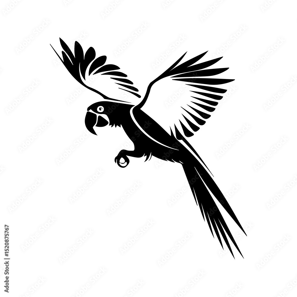 Naklejka premium Soaring Parrot Silhouette: A sleek, monochrome silhouette of a parrot in mid-flight, captured in bold graphic strokes, evokes a sense of freedom, grace, and exotic beauty.