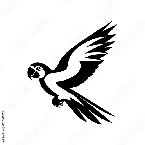 Parrot silhouette: A stylized black and white parrot flies with spread wings, showcasing a striking minimalist design for a logo, graphic, or emblem.