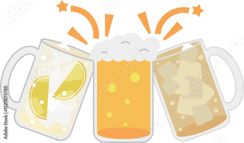 ビールとレモンサワーとハイボールで乾杯しているイメージ素材