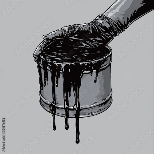 Black and white vector art of a hand wrapped around an oil drum, pouring out its contents onto a solid gray background.