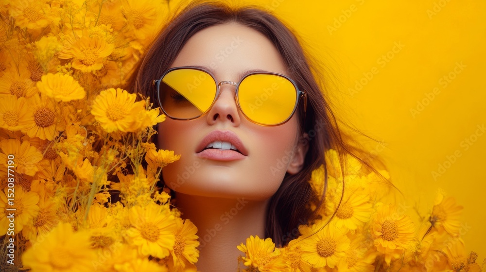 Fototapeta premium Woman wearing yellow sunglasses with matching flower background fashion editorial color matching style scene