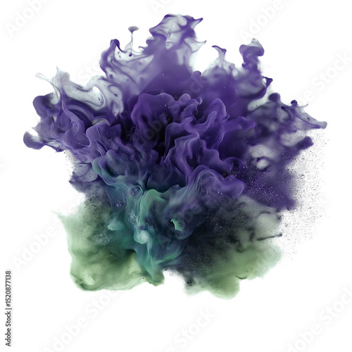 Smoke cloud effect isolated on transparent PNG. . Swirling purple and green ink in motion. Ideal for surreal design themes or abstract visual concepts. 