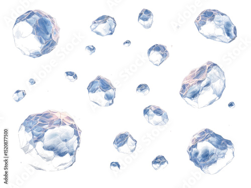 A scattered array of icy asteroids floating against a stark black background in outer space view