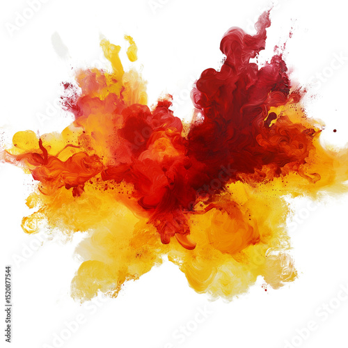Fiery red and yellow abstract ink cloud explosion isolated on transparent PNG. . Vibrant fluid color burst. 