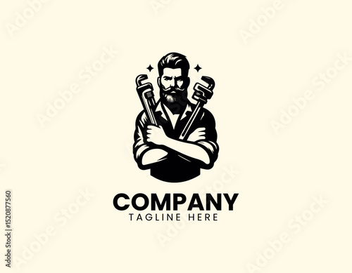 Skilled Professional Bearded Plumber Cross-Armed Wrench Holding Vector Logo Design