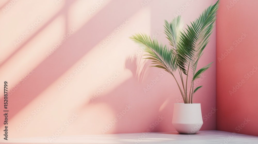 Indoor pink toned minimal background with shadow of palm plant editorial interior design concept decor Indoor pink toned minimal background with shadow of palm plant editorial interior design concept decor
