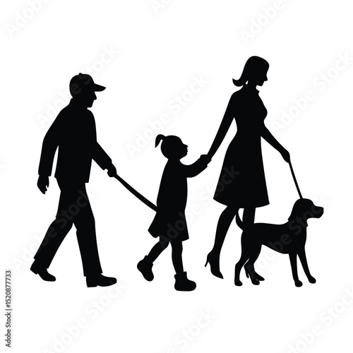Family Walking Dog Vector Silhouette