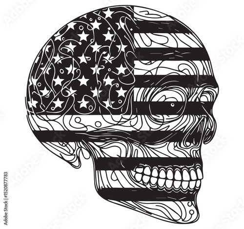 Black and White American Flag Skull Illustration Vector Graphic Art Design