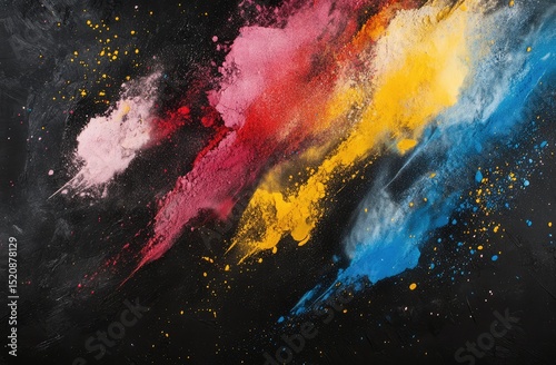 Black background, colorful powder explosion, colorful cloud of dust in the air, explosion effect, colorful powder splash, colorful color clouds, high resolution.