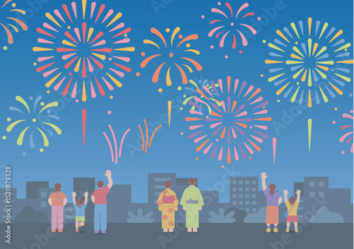 打ち上げ花火を見上げる人達の風景イラスト