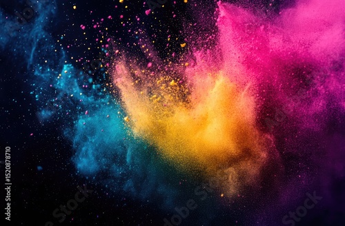 Black background, colorful powder explosion, colorful cloud of dust in the air, explosion effect, colorful powder splash, colorful color clouds, high resolution.