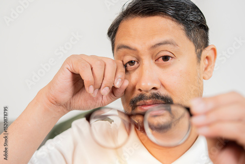 Adult Asain man in hand holding a glasses while rubs his eyes, suffering from tired eyes