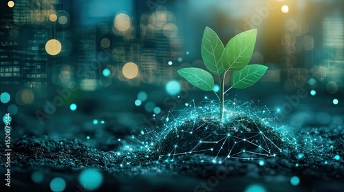 A small plant growing from a mound of dirt with a network of lights and a blurred background