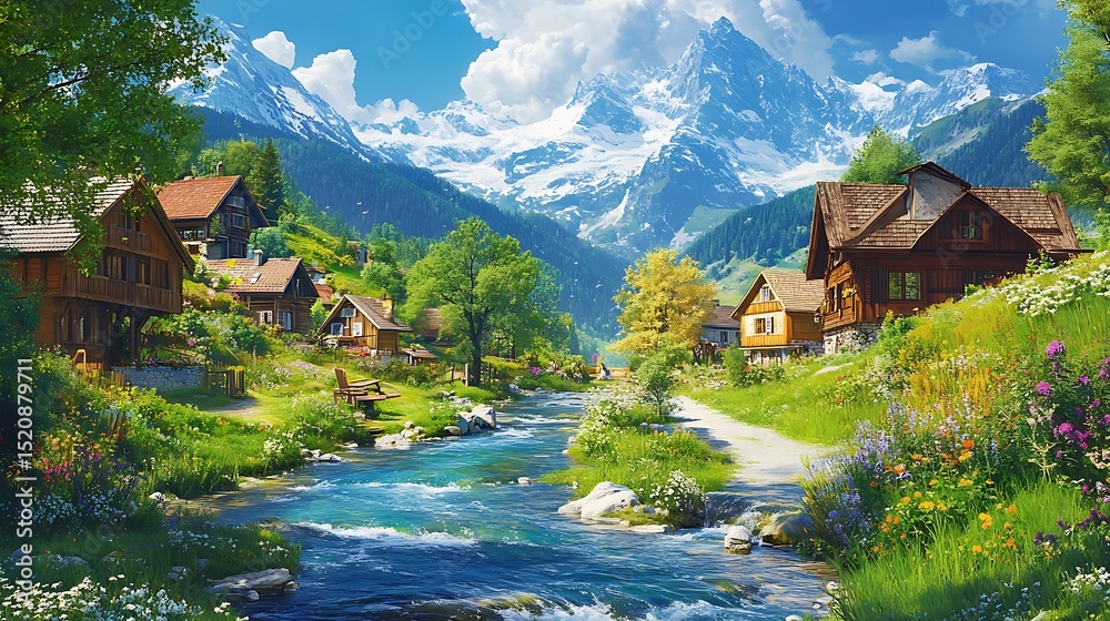 Naklejka premium Picturesque alpine village nestled beside a babbling brook.