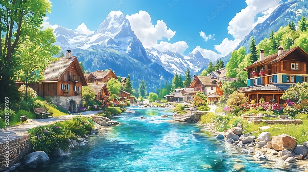 Naklejka premium Picturesque alpine village nestled beside a crystal-clear river.