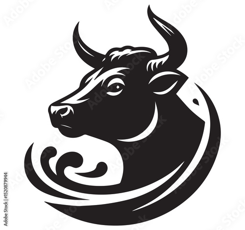 Graphic Black and White Bull Head Logo - Stylized Animal Profile with Horns and Wave Element