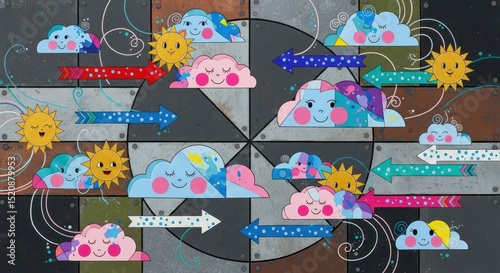 Playful cartoon suns and clouds with various expressions and patterns, surrounded by arrows and swirls on a textured metal panel background with a central gear.