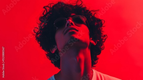 Portrait of young man in red light dramatic style fashion editorial futuristic surreal glow image