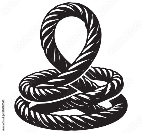 Bold Textured Hand Drawn Black and White Nautical Rope Figure Eight Loop and Coils Vintage Illustration Graphic Art