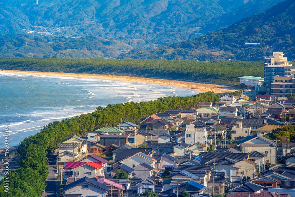 Fototapeta premium Karatsu bay with townscape of Karatsu, viewed from Karatsu Castle, Karatsu, Saga, Kyushu, Japan