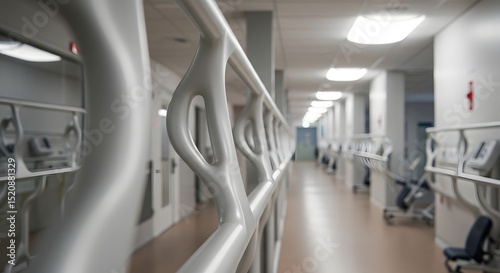Sterile Hospital Hallway with Modern Handrails and Empty Patient Bays: A Clean and Minimalist Look at Healthcare Architecture and Interior Design for Medical Settings