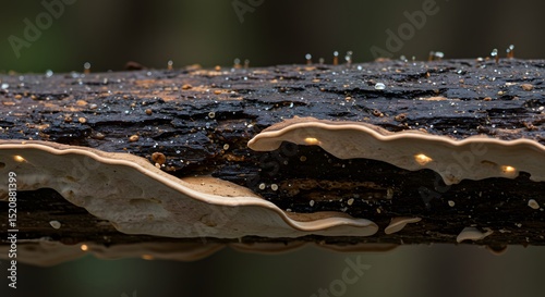 Detailed Macro of Shelf Fungi and Water Droplets on a Dark, Decaying Log: A Study of Nature's Impermanence and the Delicate Beauty of the Forest Ecosystem