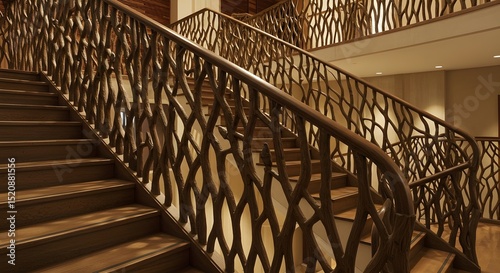 Elegant Wooden Staircase with Intricate Branch-Like Railing Design: Interior Architecture, Contemporary Home, Unique Woodwork and Artistic Details for Sophisticated Living Spaces
