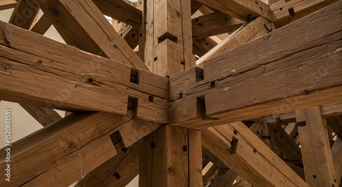 Intricate Timber Framework: Detailed View of Interlocking Wooden Beams and Joints in a Structural Design, Revealing Textural Details and Architectural Craftsmanship