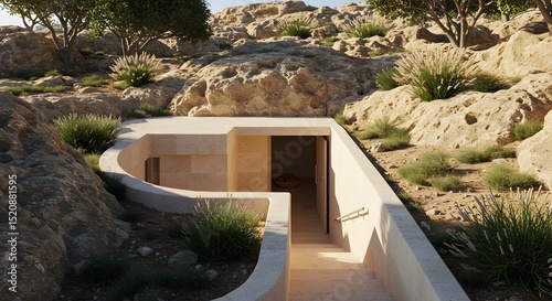 Modern Earth-Sheltered Home Entrance Carved into a Rocky Hillside, Featuring Sustainable Architecture and Natural Landscaping, Perfect for Eco-Friendly Design Concepts.