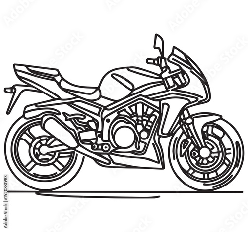 Detailed Black and White Sportbike Motorcycle Line Art Outline Drawing for Coloring Page