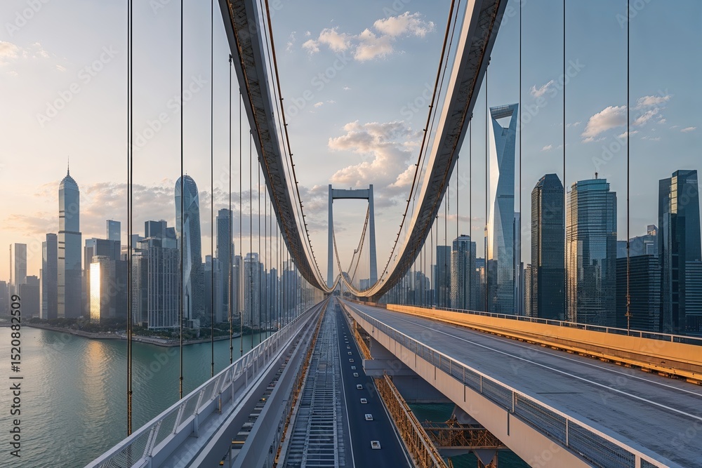 Fototapeta premium Innovative Urban Suspension Bridge Engineering in a Technology-Driven Skyline