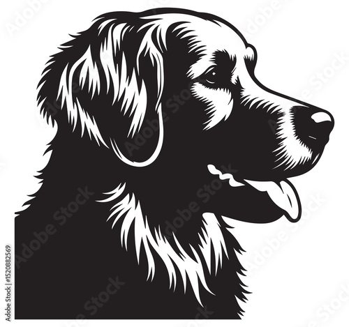 Black and White Vector Illustration Golden Retriever Dog Head Profile Detailed Fur