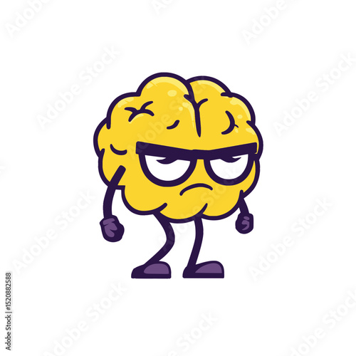 Grumpy Yellow Brain Cartoon Character with Glasses, Irritated yellow brain cartoon character wearing glasses and frowning, expressing frustration, moodiness, or mental fatigue in a fun style.

