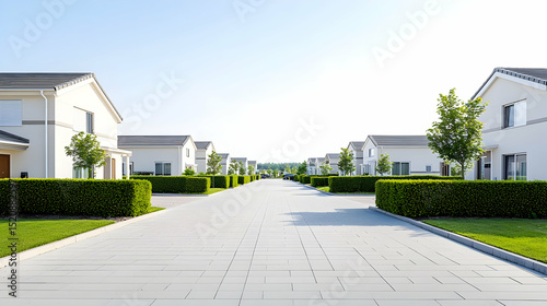 Perspective View Of Residential Street With Houses And Green Landscaping