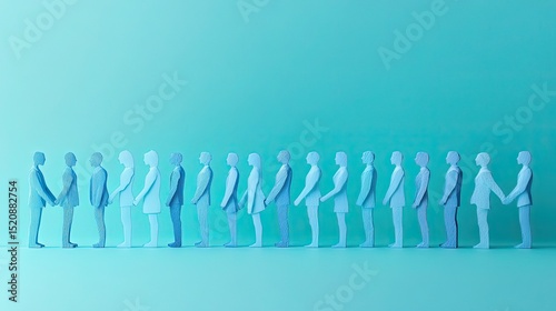 Row of stylized figures holding hands in a blue monochrome color scheme on a blue background studio shot
