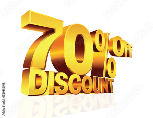 A vibrant promotional graphic featuring bold, golden 3D text announcing a 70% discount. Set against a white background