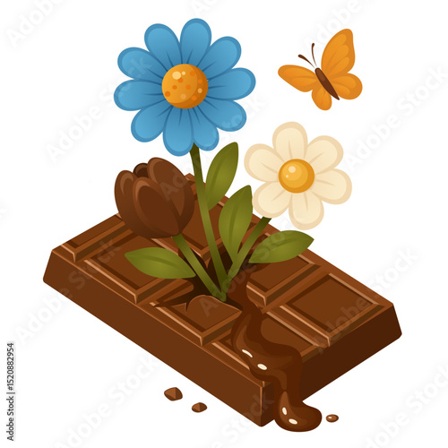 A creative vector illustration of flowers and a butterfly growing from a melting chocolate bar perfect for World Chocolate Day and nature-themed dessert designs