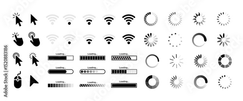 Loading icon, cursor hand click, wifi sign, buffer loader, progress bar vector set. Circle load status bar symbol, horizontal speed indicator, computer mouse click isolated on a white background