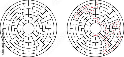 Circular maze graphic showing challenge and solution paths for problem solving or concept visualization