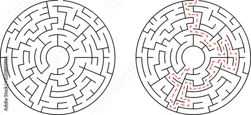 Circular maze illustration depicting a complex puzzle with solved path and unsolved option