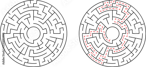 Circular maze vector illustration showing a path to completion for problem solving or challenges