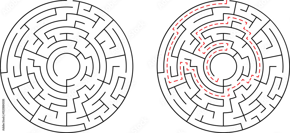 Circular maze illustrating solution path through complex black and white labyrinth